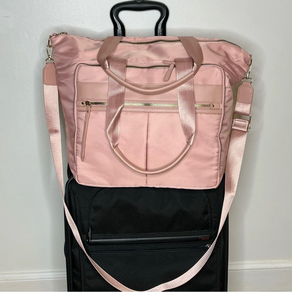 Pink soft padded nylon overnight laptop tote w/ double handle & adjustable strap